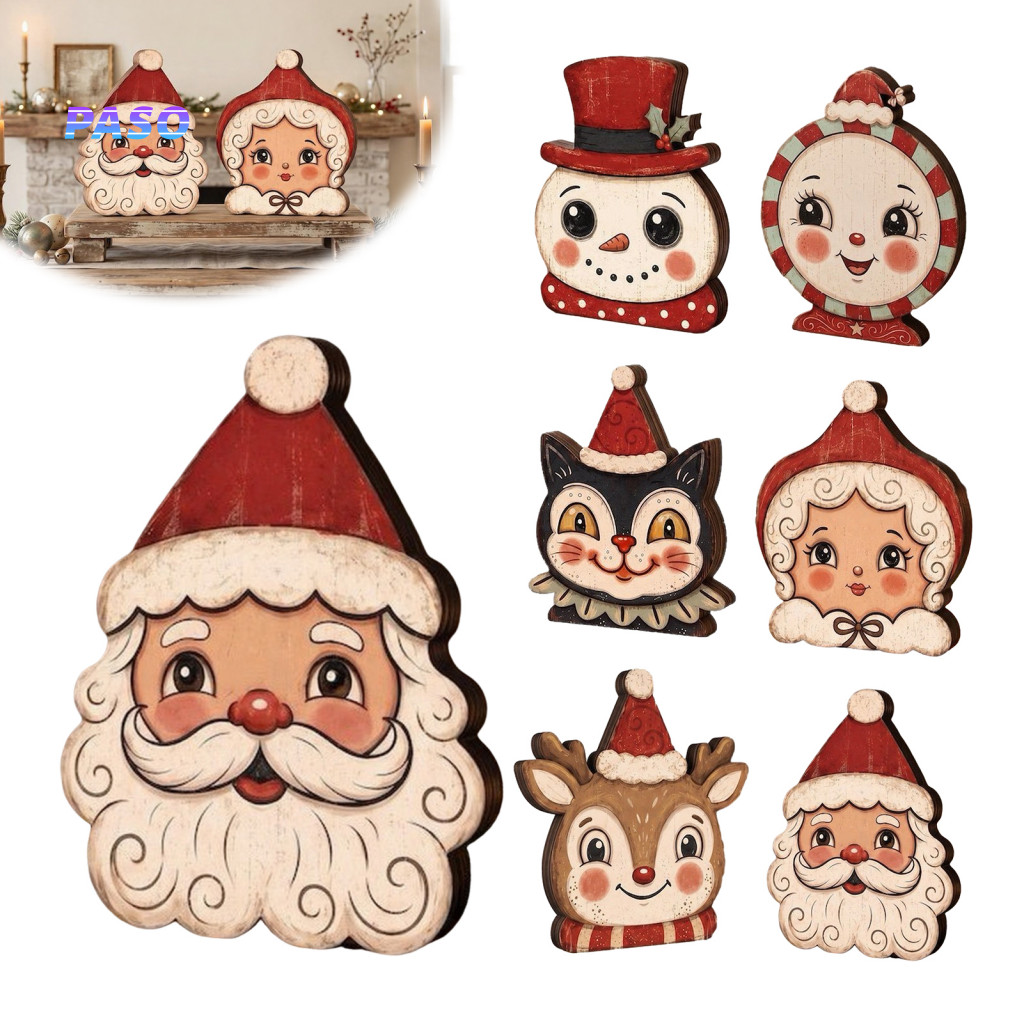 Wooden Christmas Cat Crafts Ornaments Vintage Plaid Set – Hand-painted Santa Reindeer Figurines Rustic for Mantel