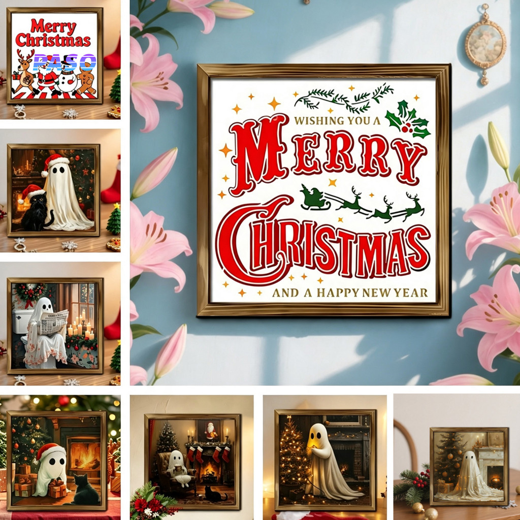 Vintage Style Painting Christmas Wall Art Ghost Cat with Santa Hat Framed Wooden Decor Farmhouse Tabletop Hanging for Ro