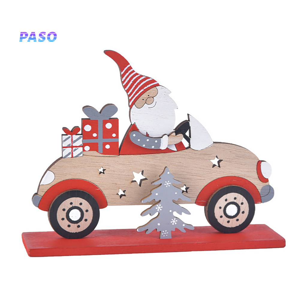 Natural Wood Christmas Craft Wooden Ornaments Vintage Santa Driving Car Figurine with Tree – Festive Holiday Desk Shel