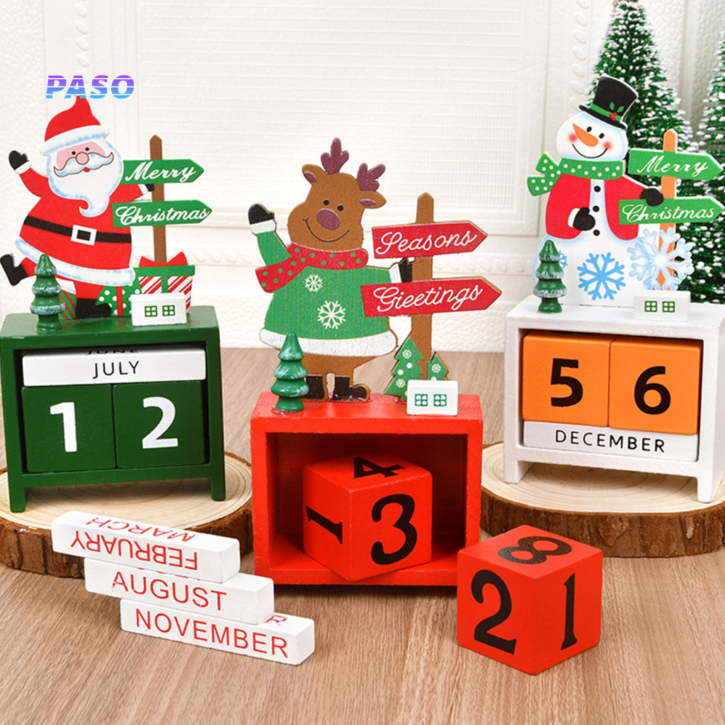 Holiday Table Centerpiece Christmas Countdown Calendar Blocks Wooden Desk Ornament – Cute Santa Snowman Reindeer Adven