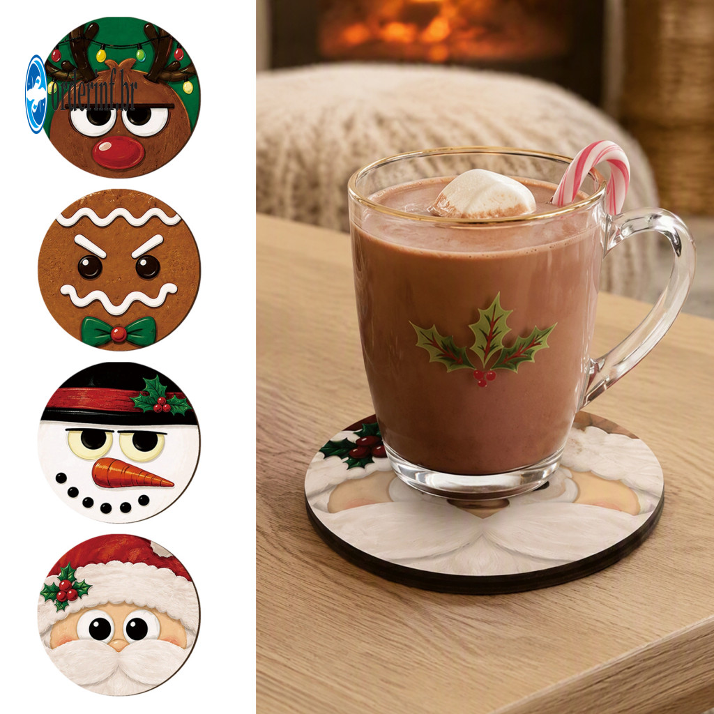 Festive Winter Home Accessories Christmas Coasters for Drinks 4pcs Wooden Set – Cute Santa Snowman Reindeer Gingerbrea