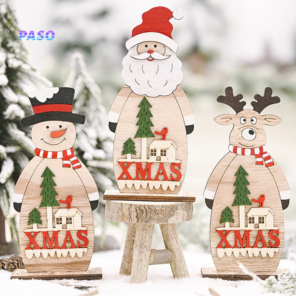Handmade Tiered Wood Trays Nordic Style Wooden Christmas Ornaments – Cute Santa Snowman Reindeer Figurines for Holiday