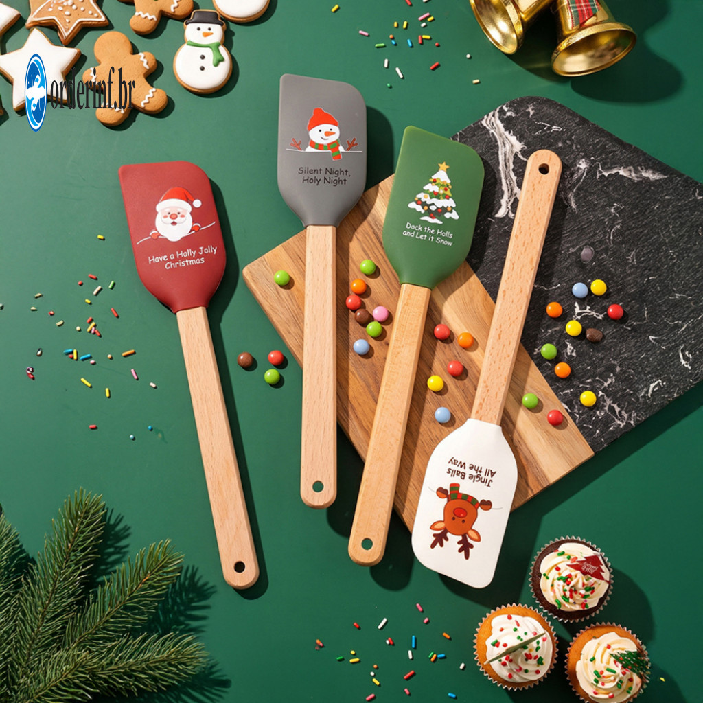Silicone Spatula for Baking Decorative Holiday Utensils with Wooden Handle – Christmas Tree Snowman Santa Claus Elk De