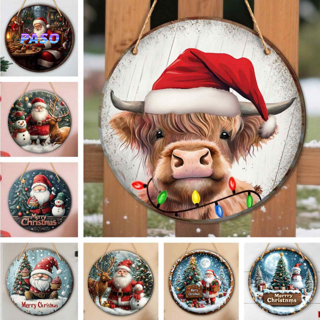 Holiday Party Wall Accents Vintage Hanging Sign Christmas Wooden Round Santa Claus Highland Cow Winter Door Decor for In