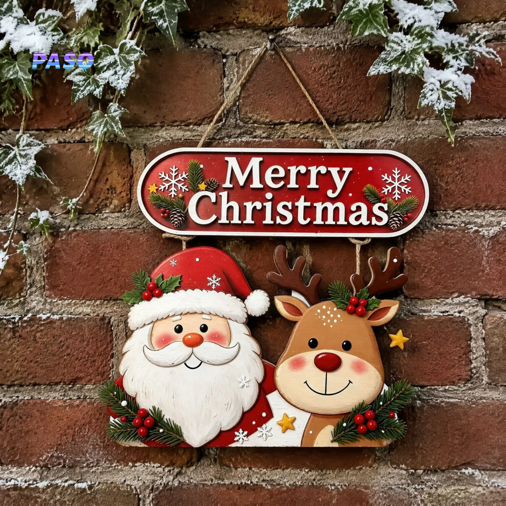 Indoor Outdoor Festive Party Supplies Christmas Hanging Wooden Sign Rustic with Santa Reindeer Snowman – Holiday Wall