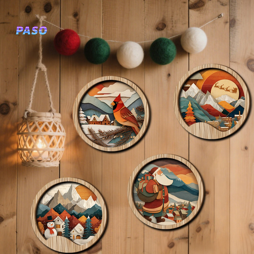 Santa Claus Room Decoration Rustic Wooden Hanging Sign Boho Wall Decor Christmas Winter Landscape Round Ornament for Bed