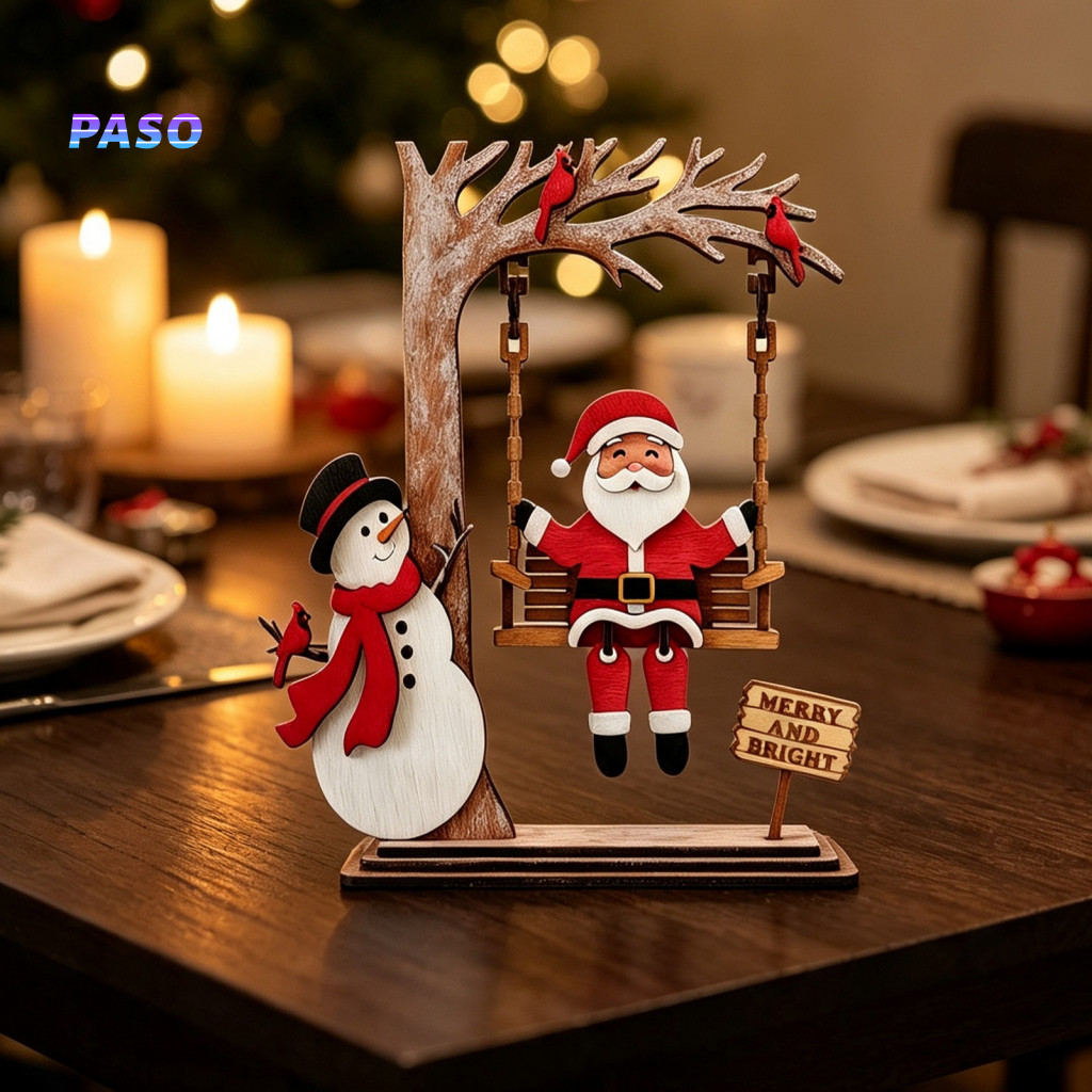 Small Decorative Wooden Figurine Christmas Ornaments 3d Santa Swing Tabletop Decor – Snowman Ornament Farmhouse Style