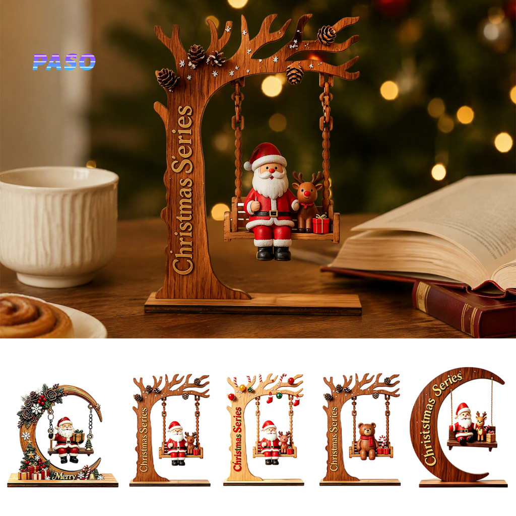 Rustic Christmas Home Accents Handmade Wooden Santa Claus Ornaments Swing Ornament with and Bear – Festive Tabletop Fi