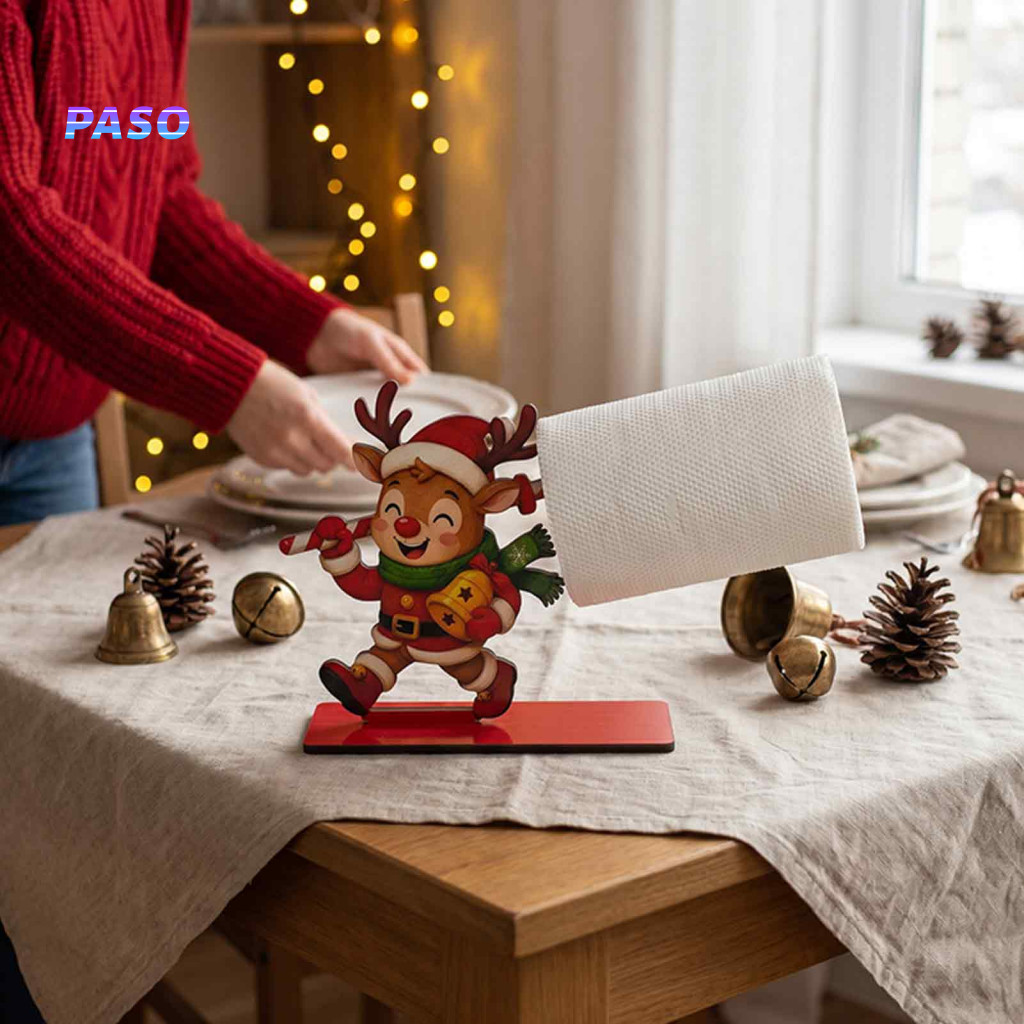 Wooden Christmas Paper Towel Holder Snowman Kitchen Counter Decor Napkin – Santa Reindeer Tissue Stand with Sturdy Bas