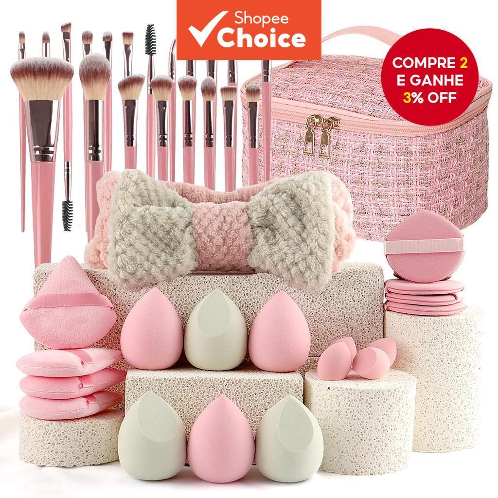 Conjunto De Ferramentas De Beleza Profissional , Pincéis De Maquiagem Rosa , Almofada De Esponja , Bolsa De Viagem , Pre