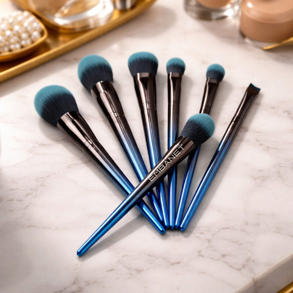 7 Pincéis Maquiagem Cerdas Macias Profissional Cor Azul Nécessaire Viagem 3und