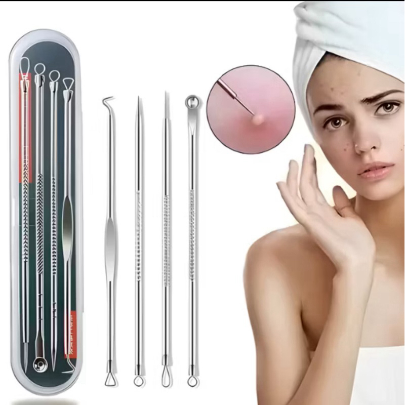 Kit 4 de Ferramentas de Beleza Extrator de Acne Removedor de Cravo Espinha Aço Inoxidável Agulhas