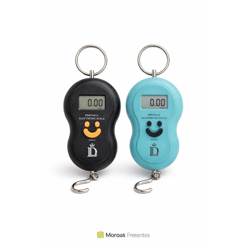 Balança digital portátil até 50kg, com gancho e display LCD. Ideal para feirantes, bagagens, malas e viagens.