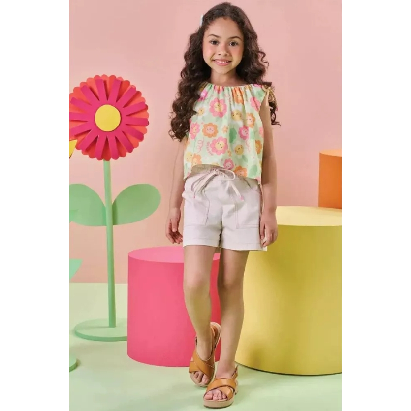 Kukie Conjunto Blusa Light Peach e Shorts Sarja Colorido