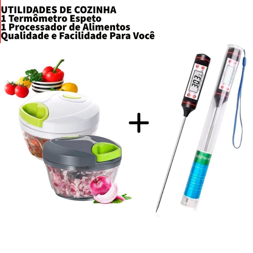 Coisas de Cozinha Processador Triturador de Alho Grande + Termômetro Culinário Digital Espeto