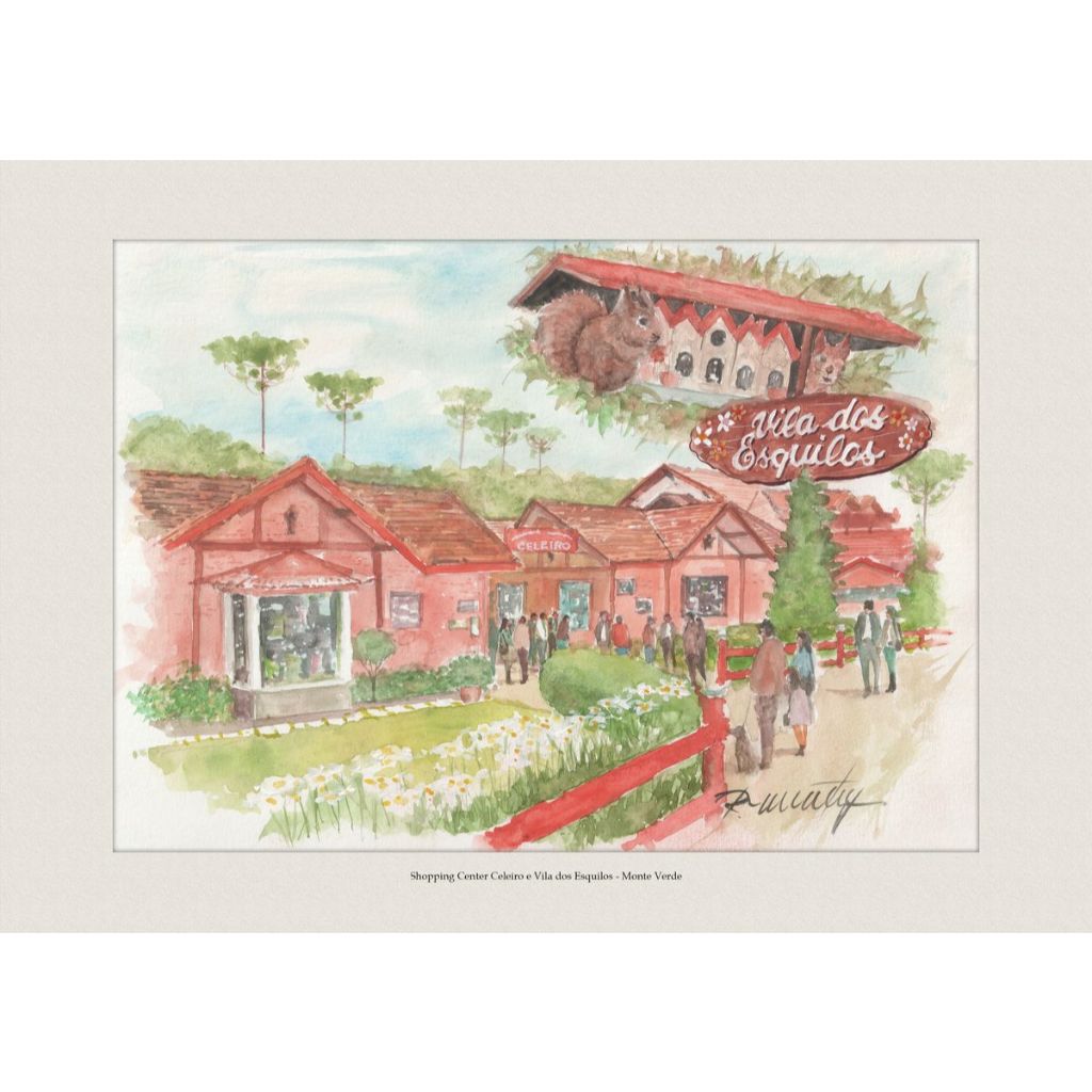 Pintura em Aquarela | Shopping Center Celeiro e Vila dos Esquilos - Monte Verde Quadro Decorativo A4
