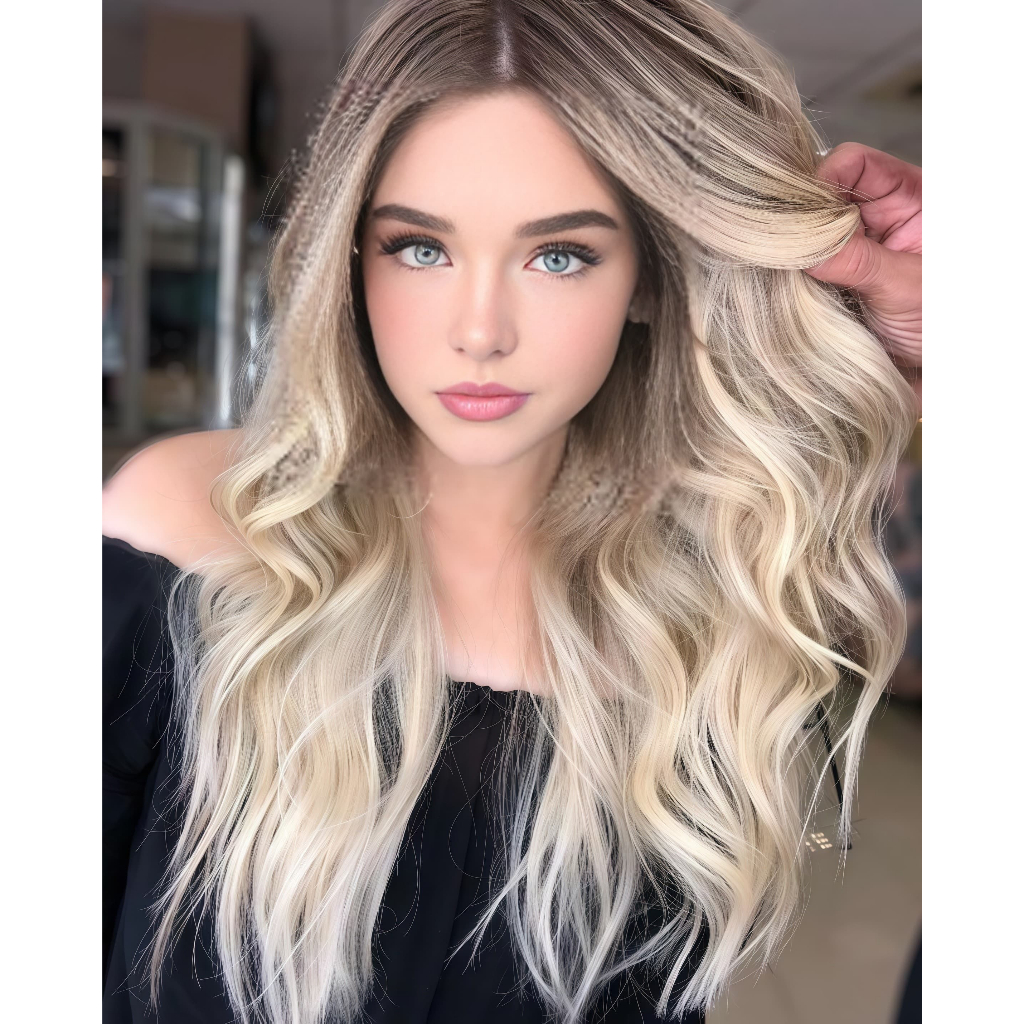 [Fluoré] Cabelo de fibra orgânica testa renda Mid-center gradiente amarelo longo cabelo encaracolado feminino onda grand