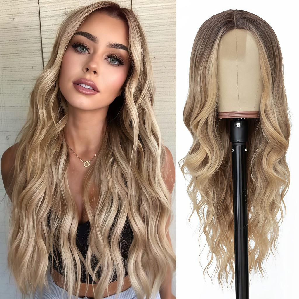 [Fluoré] Cabelo de fibra orgânica testa renda Mid-center gradiente amarelo longo cabelo encaracolado feminino onda grand