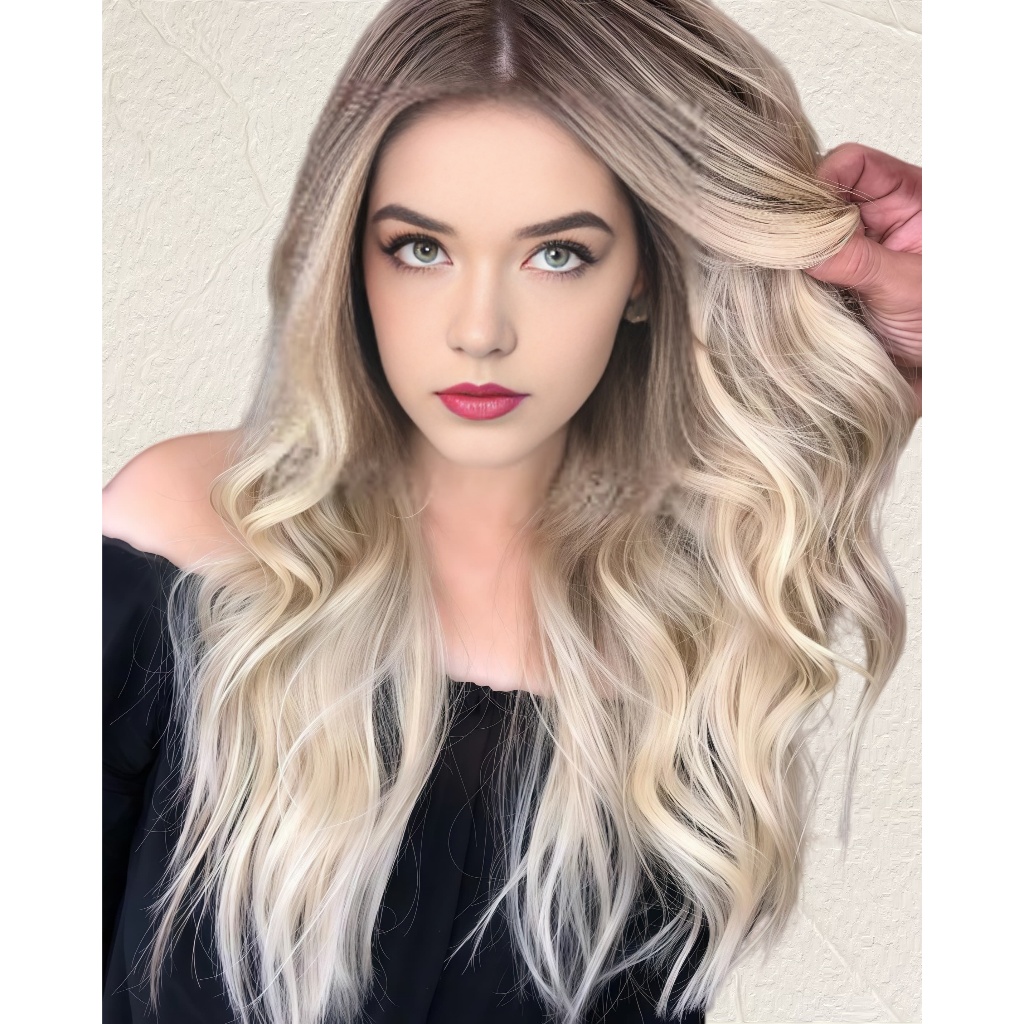 [Fluoré] Cabelo de fibra orgânica testa renda Mid-center gradiente amarelo longo cabelo encaracolado feminino onda grand