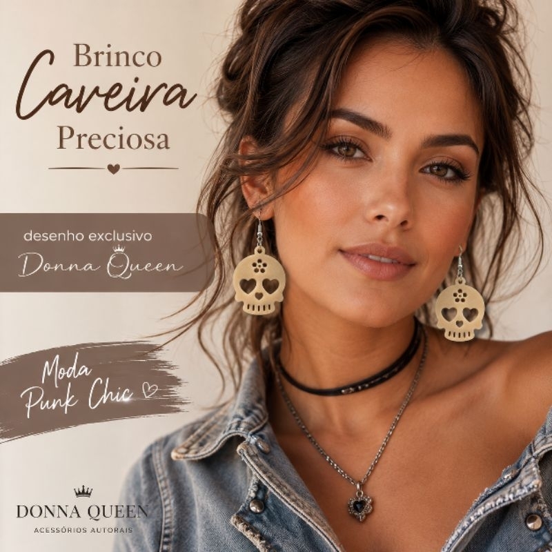 Brinco Caveira Preciosa 4 cm em Bioplástico | Punk Chic | Bege ou Branco | Design Exclusivo Donna Queen