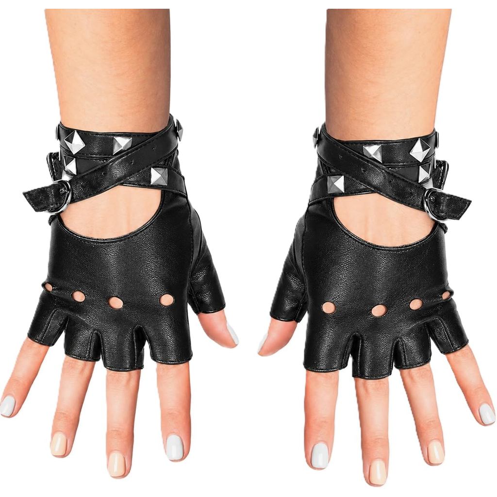 Luvas De Couro Sintético Sem Dedos Skeleten – Pretas De Motociclista Punk Com Fecho De Cinto E Design De Rebite Para Ado