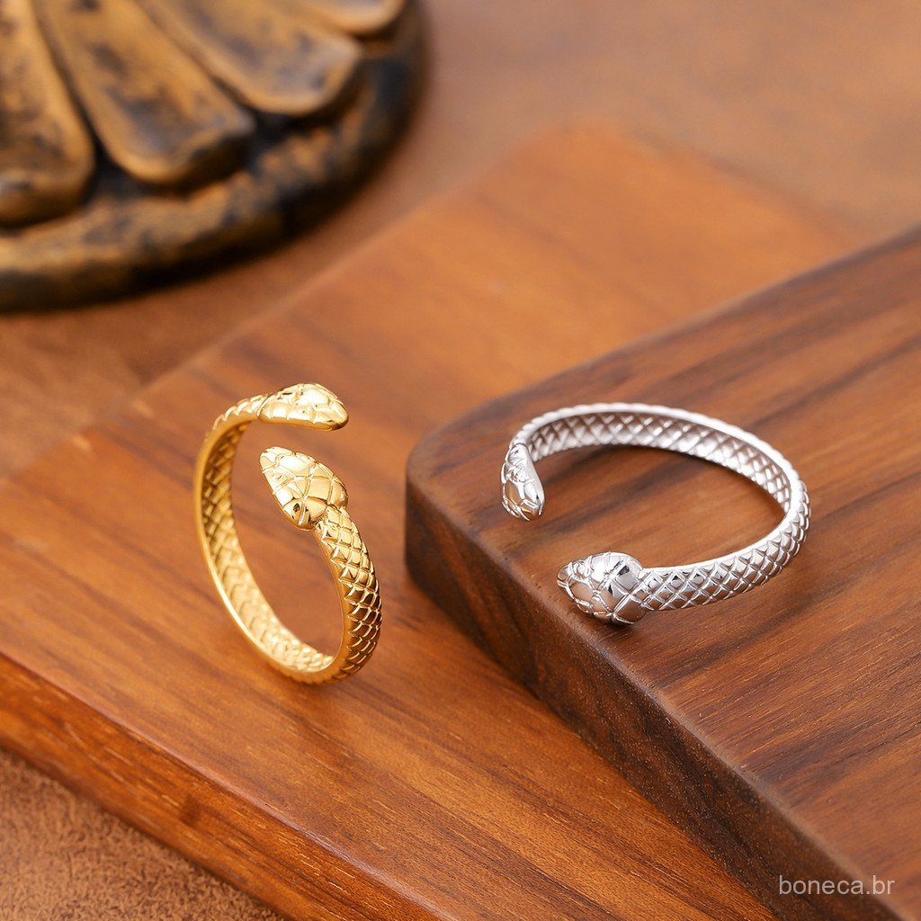 Anel de Aço Inoxidável Estilo Punk Vintage com Design de Duas Serpentes para Mulheres, Anel Ajustável Aberto com Tema An