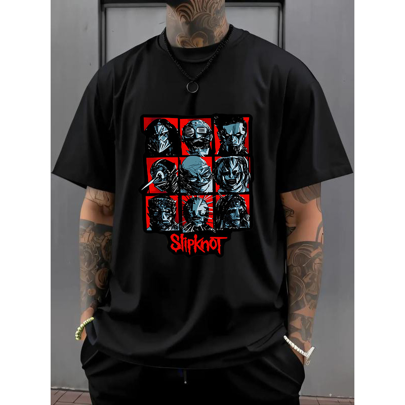 Camisa Slipknot Rock Estilo Punk Design Negro Vermelho Tecido Algodão Unisex