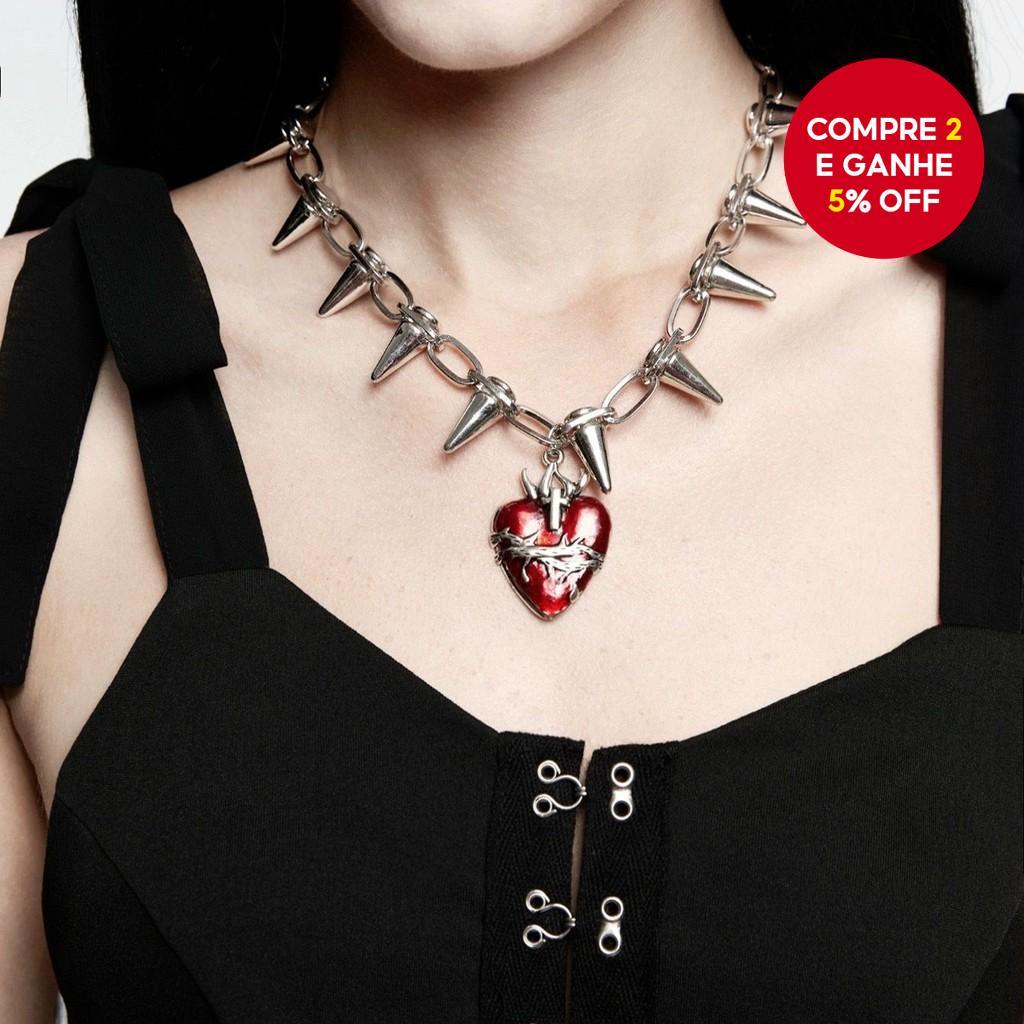 Colar de Coração Vermelho Nova Gótica para Mulheres, Choker Punk de Esmalte Feito à Mão com Design de Espinhos.
