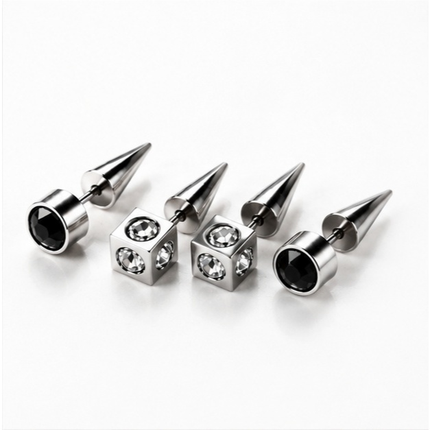 Brinco Unissex Spike Punk em Aço Inoxidável, Pedra Negra Cristal, Antialérgico, Design Moderno para o Dia a Dia