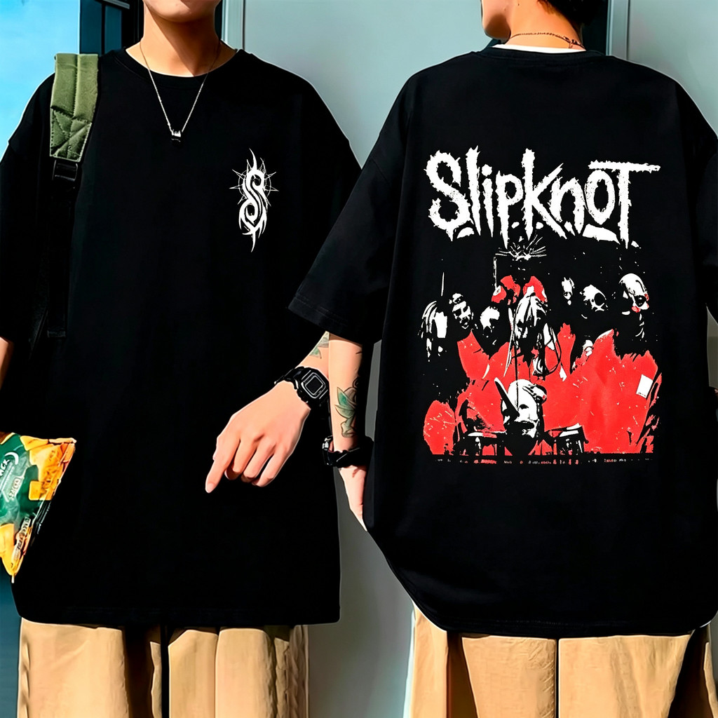Camiseta Preta Unisex, Design com Figuras de Personagens, Textos "Slipknot" Alta Qualidade, Estilo Rock - Punk