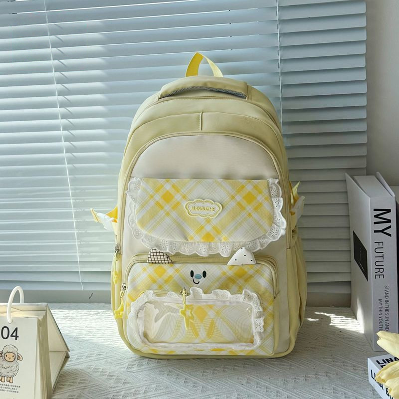 Mochila De Nylon De Grande Capacidade Com Renda Xadrez Verde Fresca , Adequada Para Laptop De 15 Polegadas , Bolsa Escol