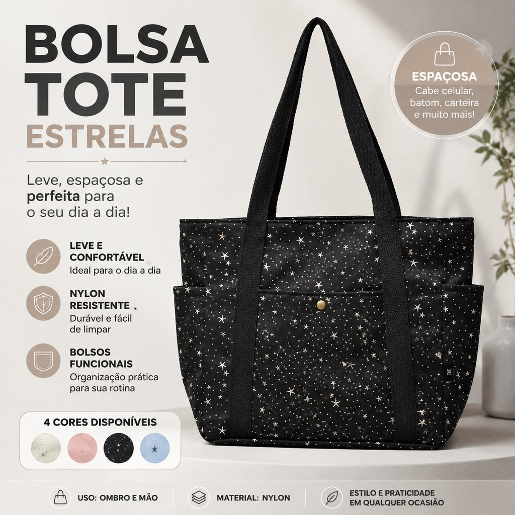 Bolsa de nylon de grande capacidade com estampa de estrelas, adequada para trabalho, escola e saídas casuais femininas.