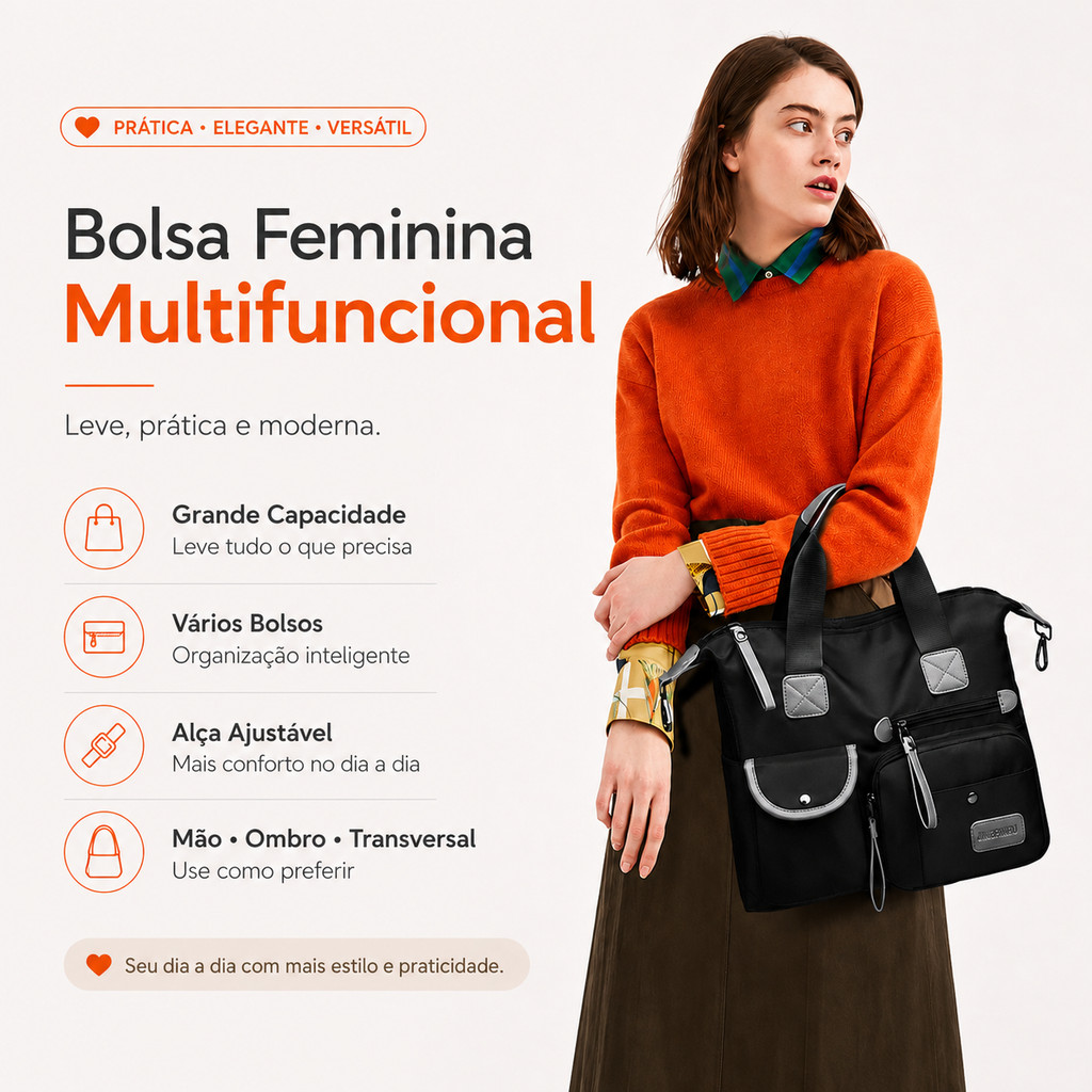 Bolsa feminina leve de Nylon, equipada com alças removíveis, Design com vários compartimentos, adequada para trabalho e
