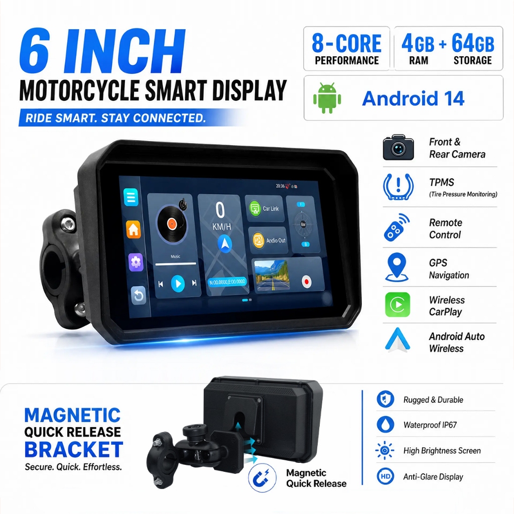 ✨ 2026 Navegação Para Motocicleta Android 14 8-Core 4 + 64GB GPS CarPlay/Auto 6 