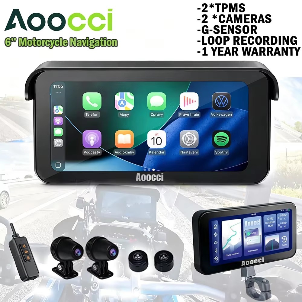 Aoocci C6 Pro All-in-One para Motos CarPlay Android Auto Sem Fio, Câmera 1080P, GPS e TPMS