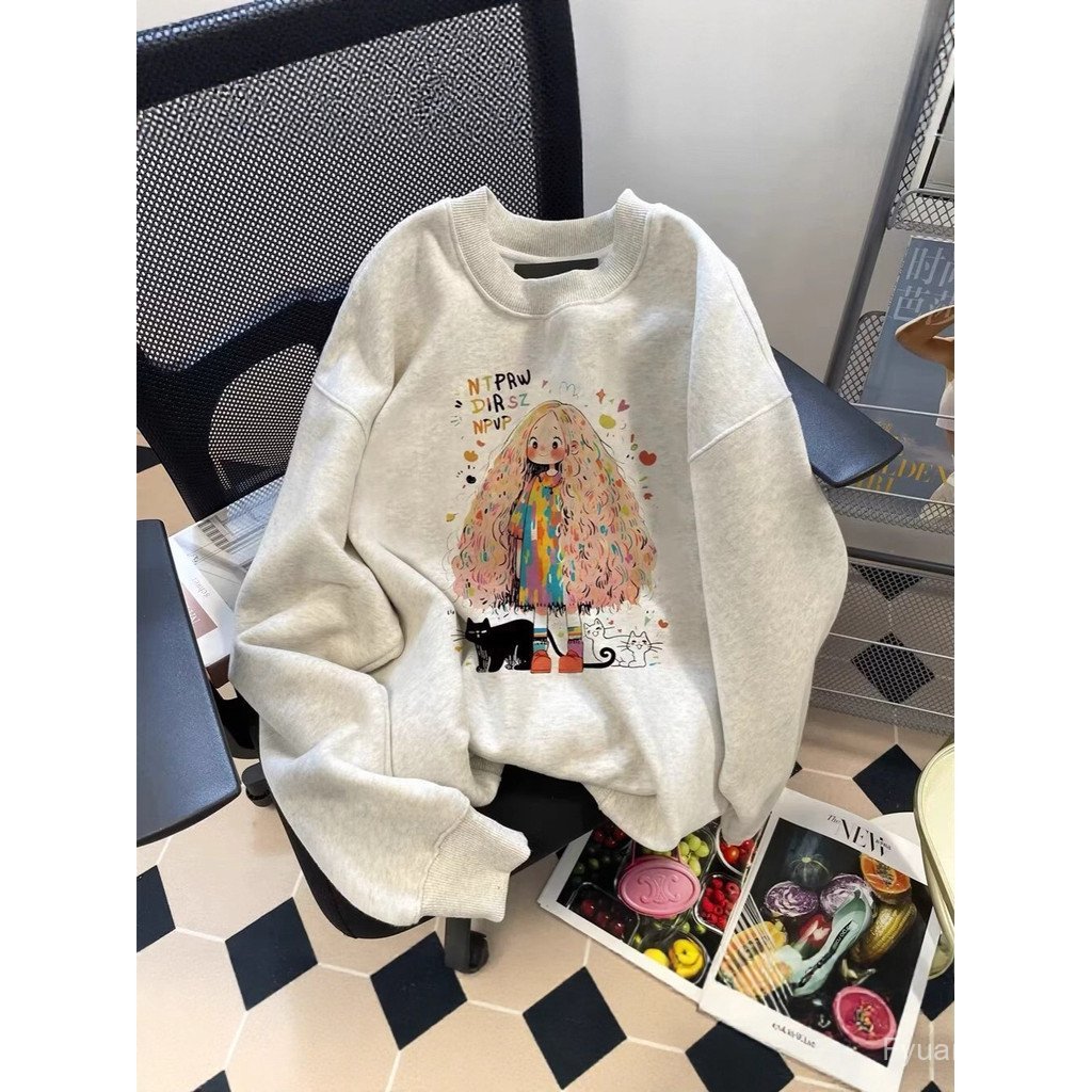 Cross-Border estilo americano estilo Preppy solto manga comprida velo moletom feminino outono inverno 2025 novo estilo e
