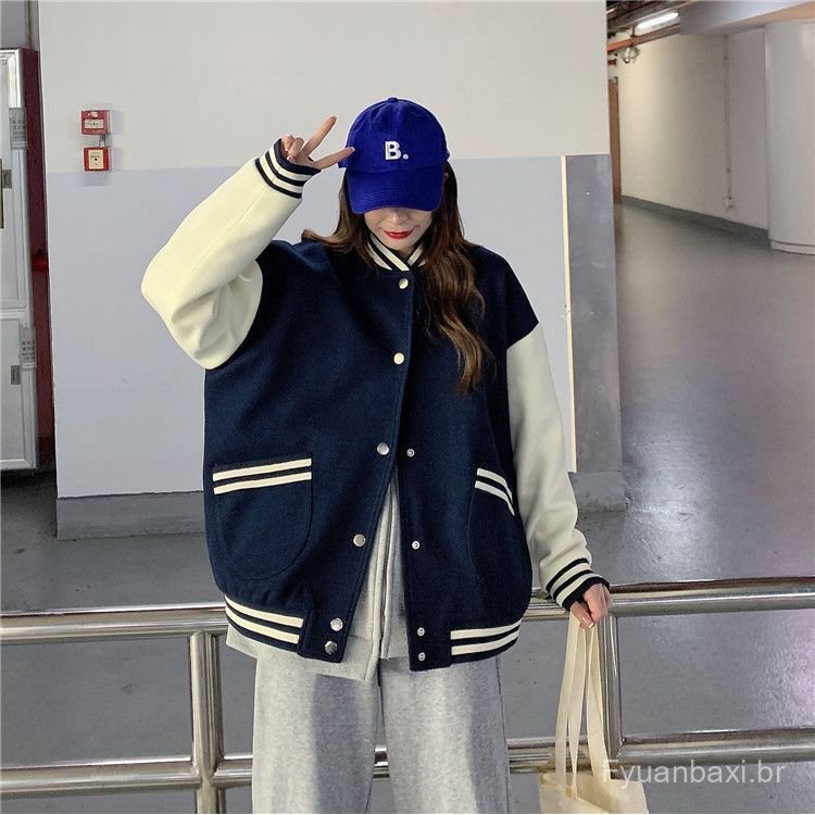 Forro de lã engrossado uniforme de beisebol americano feminino 2026 outono inverno Cross-Border nova jaqueta estilo Prep