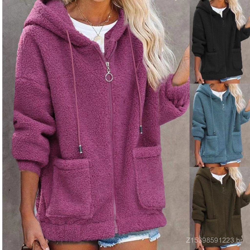 2023 Cross-Border europeu americano outono inverno novo estilo zíper Cardigan cordeiro velo solto topo jaqueta feminina.