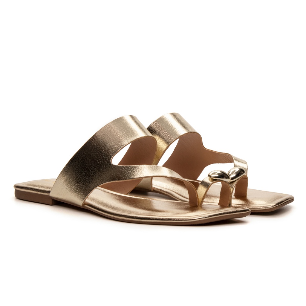 Sandália Feminina Dourada Metalizada Square Toe Moderna Confortável Premium Burly Ouro Heads