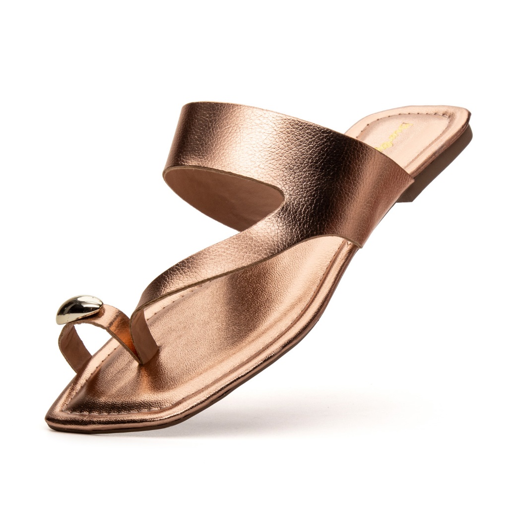 Sandália Rasteira Feminina Rose Gold Metalizada Square Toe Elegante Burly Heads Rose Gold