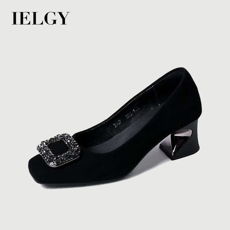 IELGY Square Toe Pumps Mocassins Femininos Com Fivela Quadrada E Strass Pretos