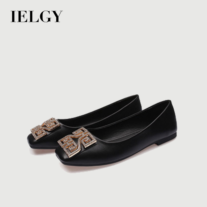 IELGY Plus Size Square Toe Flats Primavera 2026 Novas Bombas Sola Macia Moda Strass Vintage Mulheres