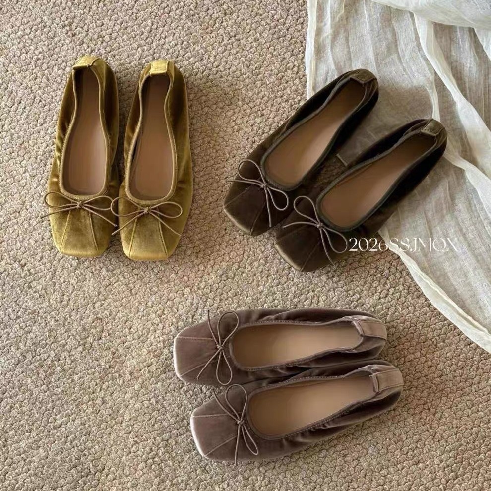 Versão de pele de carneiro ~ Retro Bow Square Toe Ballet Shoes Mulheres Estilo Francês Elegante Veludo All-Match Bombas