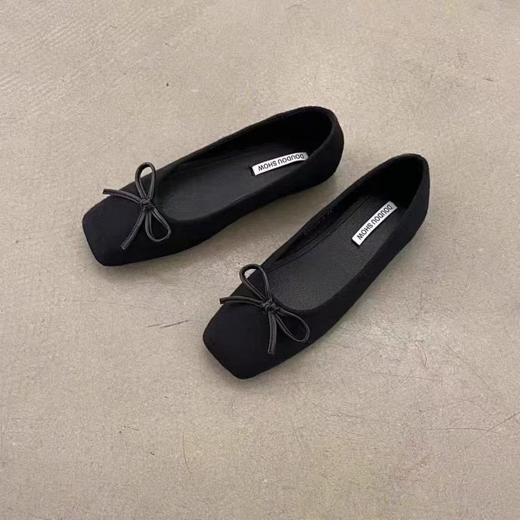 Flat Square Toe Bow Peas Sapatos Femininos 2026 Novo Estilo Primavera Camurça Francesa Suave Sapatos de Noite