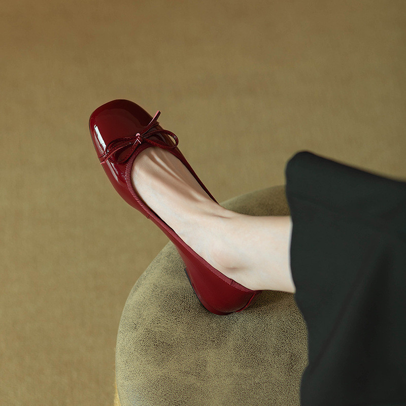 Retro Square Toe Bow Boca Rasa Sapatos Baixos Mulheres