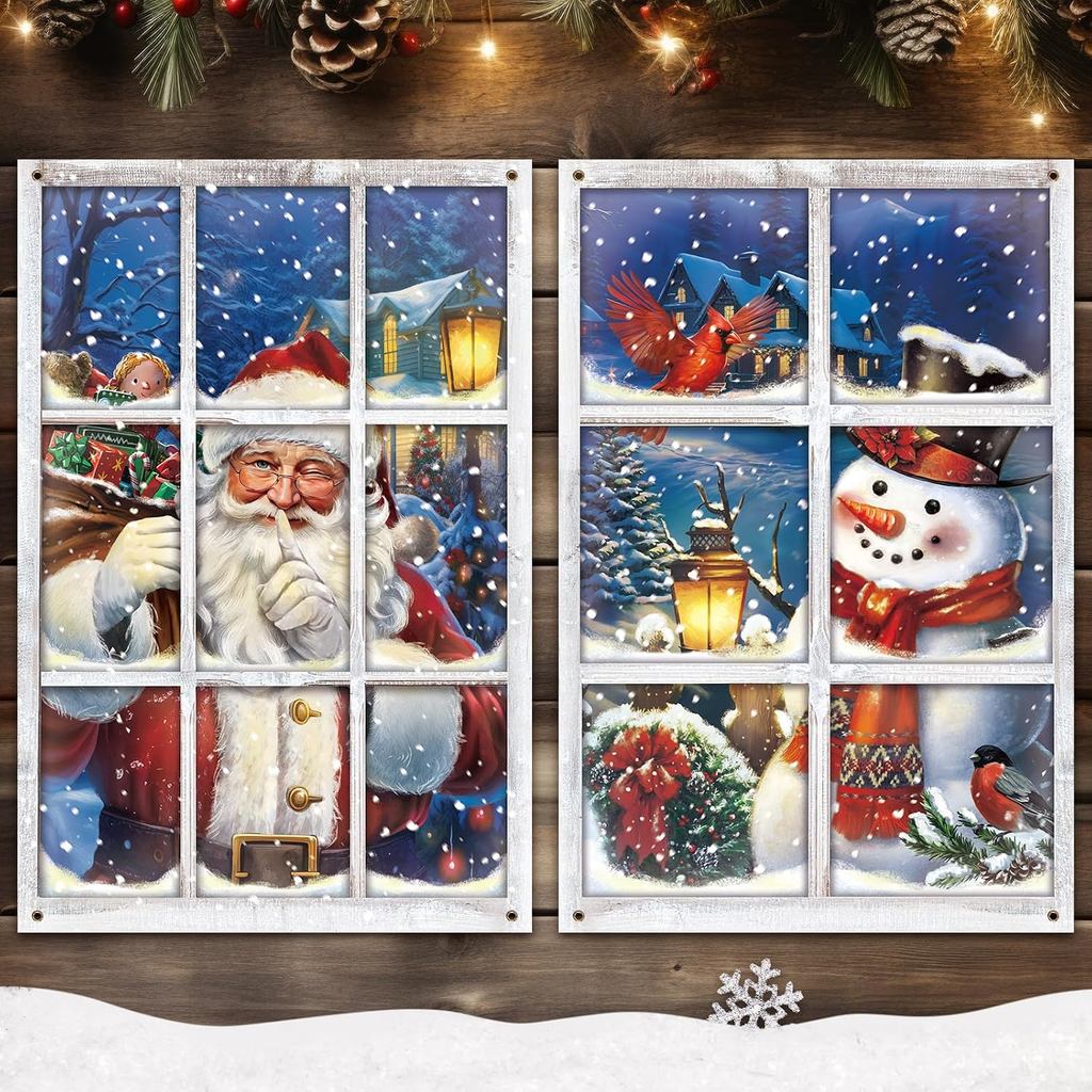 Preboun 2 Pcs Christmas Curtain Window Decoration Xmas Window Silhouette Snowflake Cover Christmas Poster for Indoor Out
