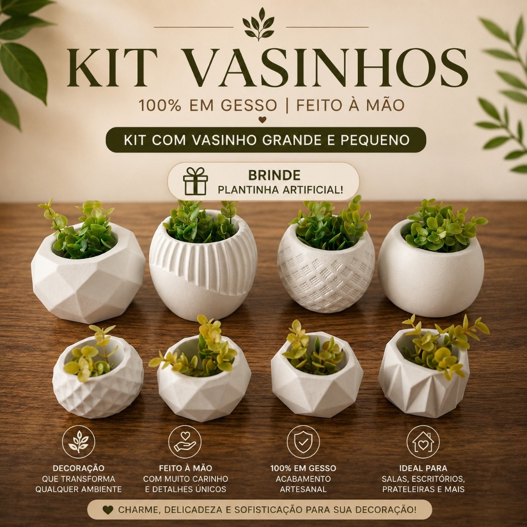 Kit Vasinho de gesso 3D Vasinhos com plantas artificial incluindo até 8 Unidades- Vasos Decorativos