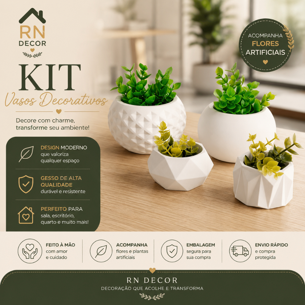 Kit Vasinhos de Gesso Decorativo  Acompanha Artificiais Plantas e Suculentas Luxo Escritorio Sala Quarto