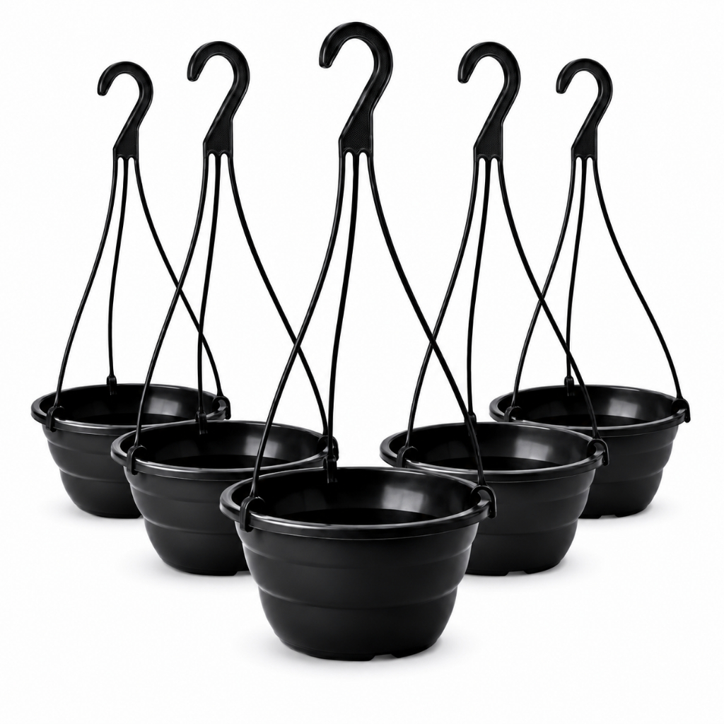 Kit 5 Vasos Cuia 21 Preta com Haste 40cm Reforçado Plantas Suspensas Vasos