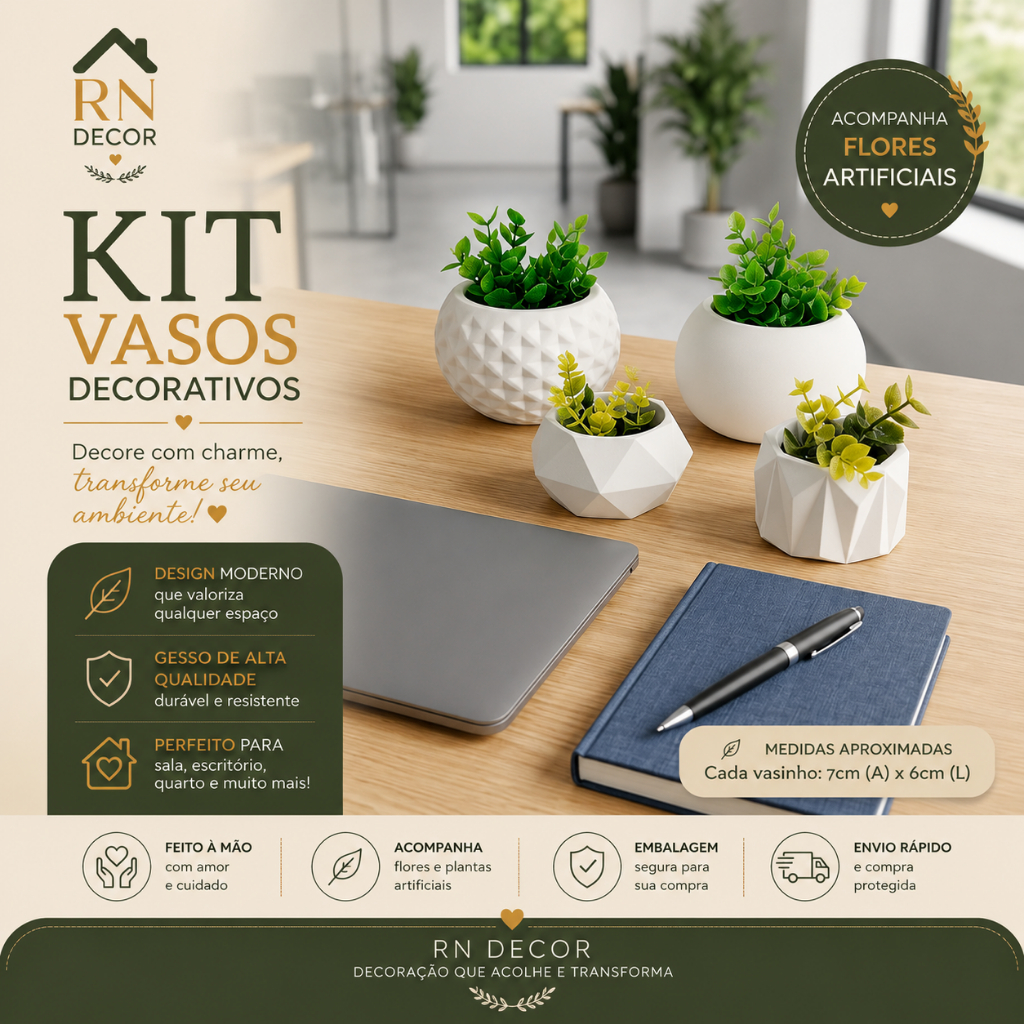 Kit de até 4 Vasinhos Decorativo Acompanha Plantas e Suculentas Luxo Escritorio Quarto Sala ENVIO RAPIDO